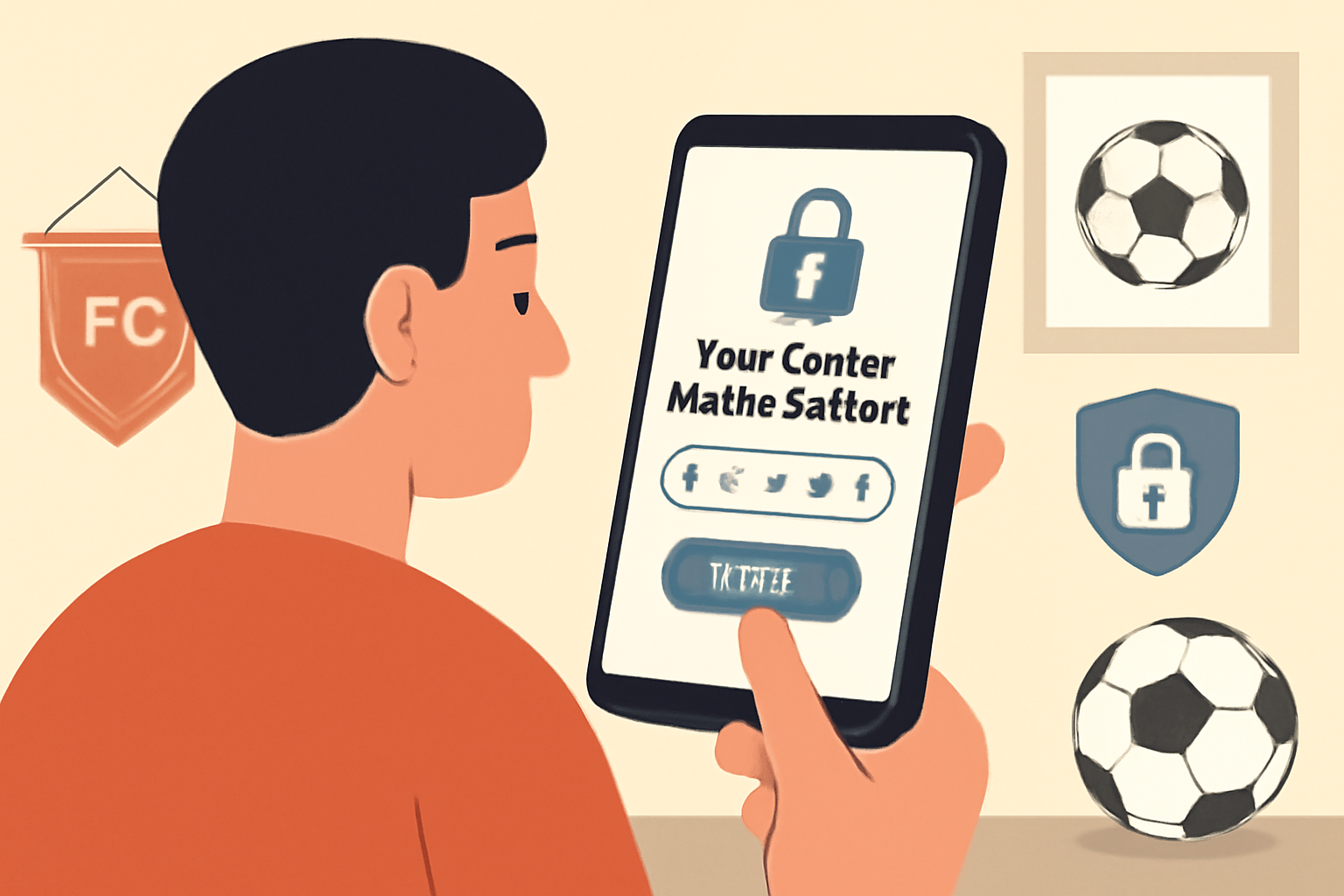 person setting up two-factor authentication on a smartphone, with a lock icon and soccer club memorabilia in the background, safe and modern