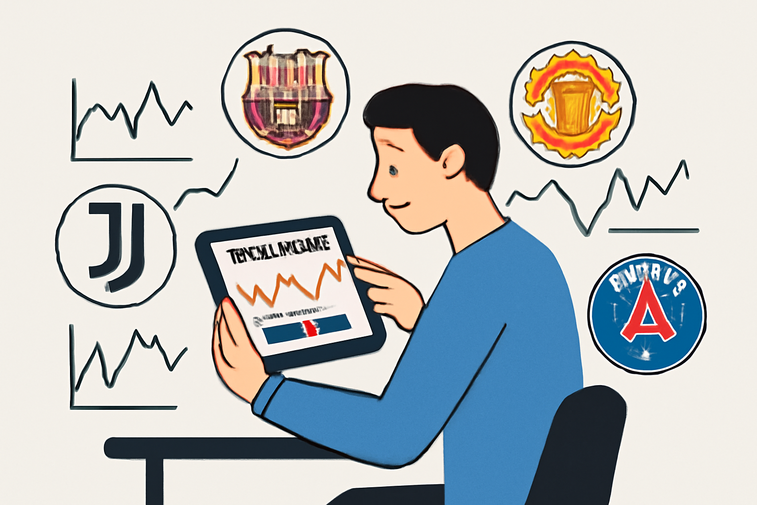 person checking fan token prices and trading on a tablet, with soccer club logos and fluctuating price graphs, modern style