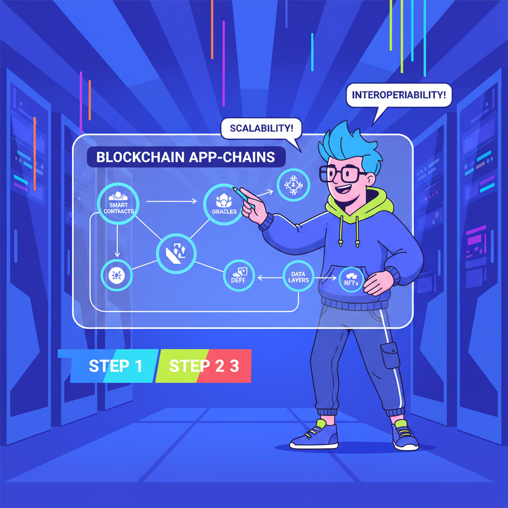 energetic developer sketching blockchain app-chain ideas on digital whiteboard, futuristic neon glow, vibrant colors