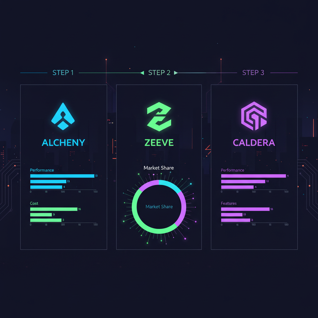 sleek comparison dashboard of RaaS providers Alchemy Zeeve Caldera, glowing charts and logos, cyberpunk style