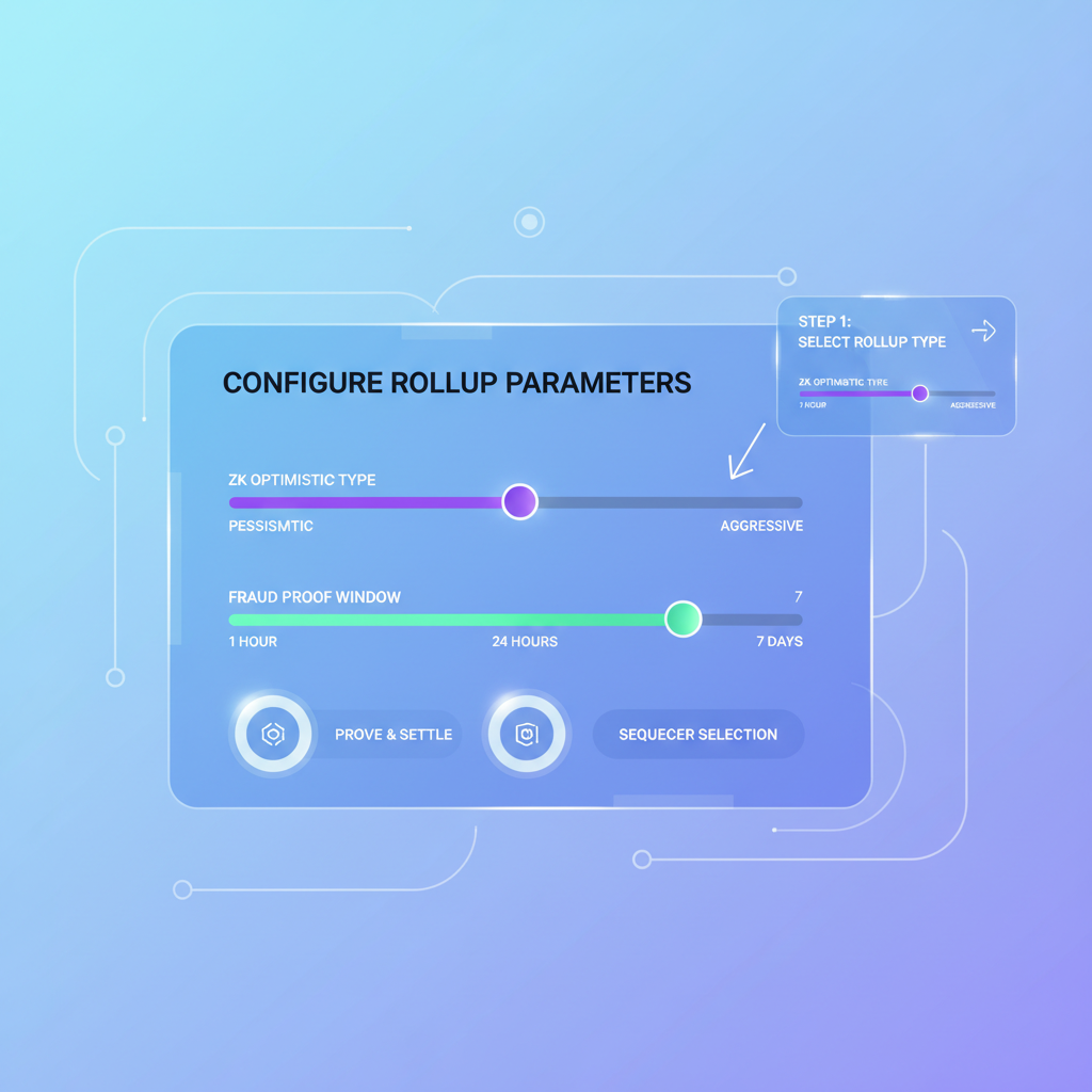modern web dashboard configuring blockchain rollup parameters, sliders for ZK Optimistic types, holographic UI