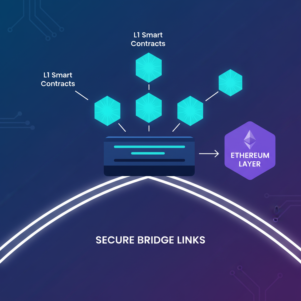 sleek dashboard deploying glowing L1 smart contracts with secure bridge links to Ethereum layer
