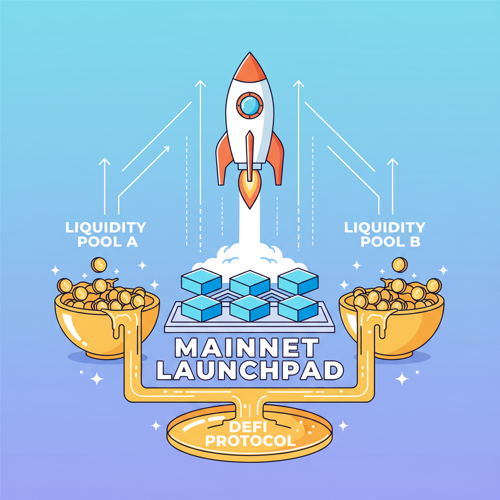 rocket blasting off from blockchain mainnet launchpad with golden liquidity pools overflowing