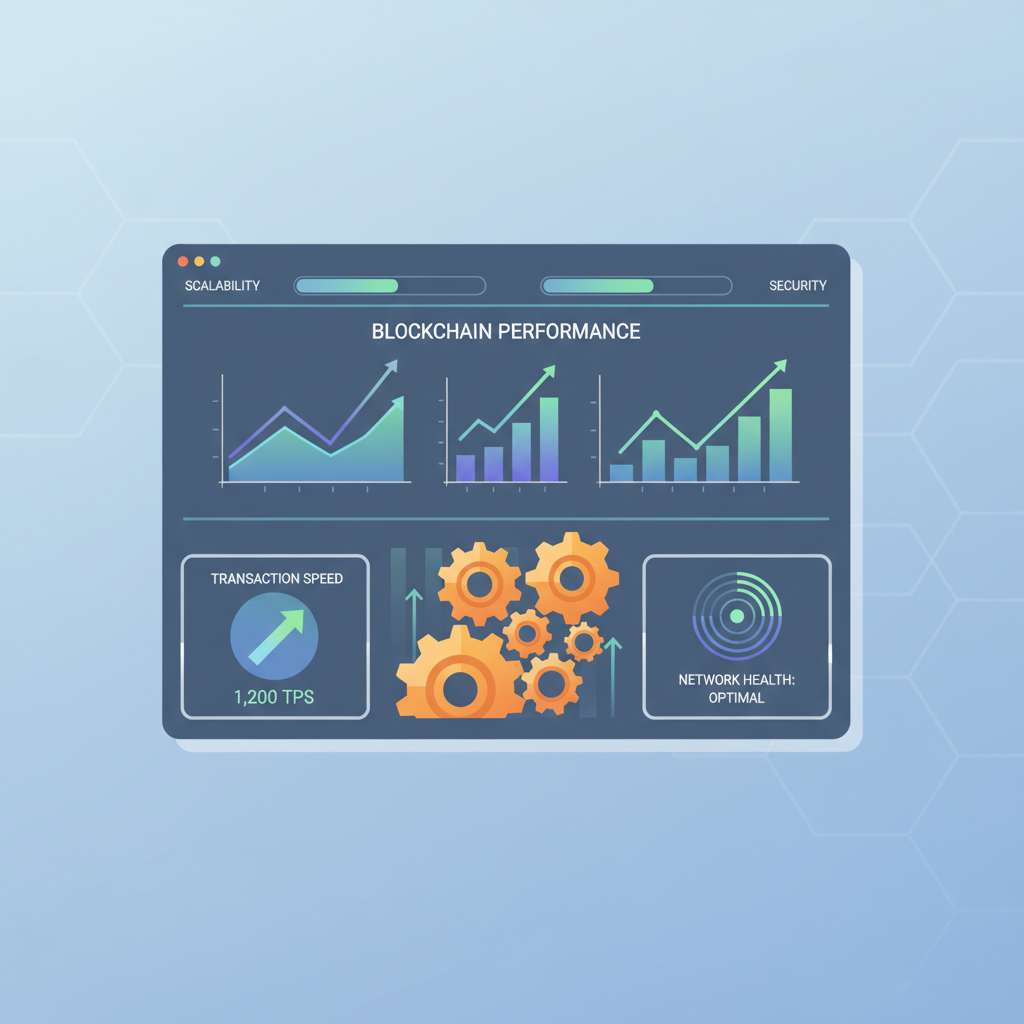 high-tech monitoring dashboard with rising blockchain performance charts and scaling gears