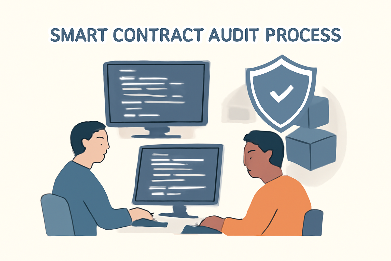 Smart contract audit process, code review on screens with auditors, secure blockchain vault aesthetic