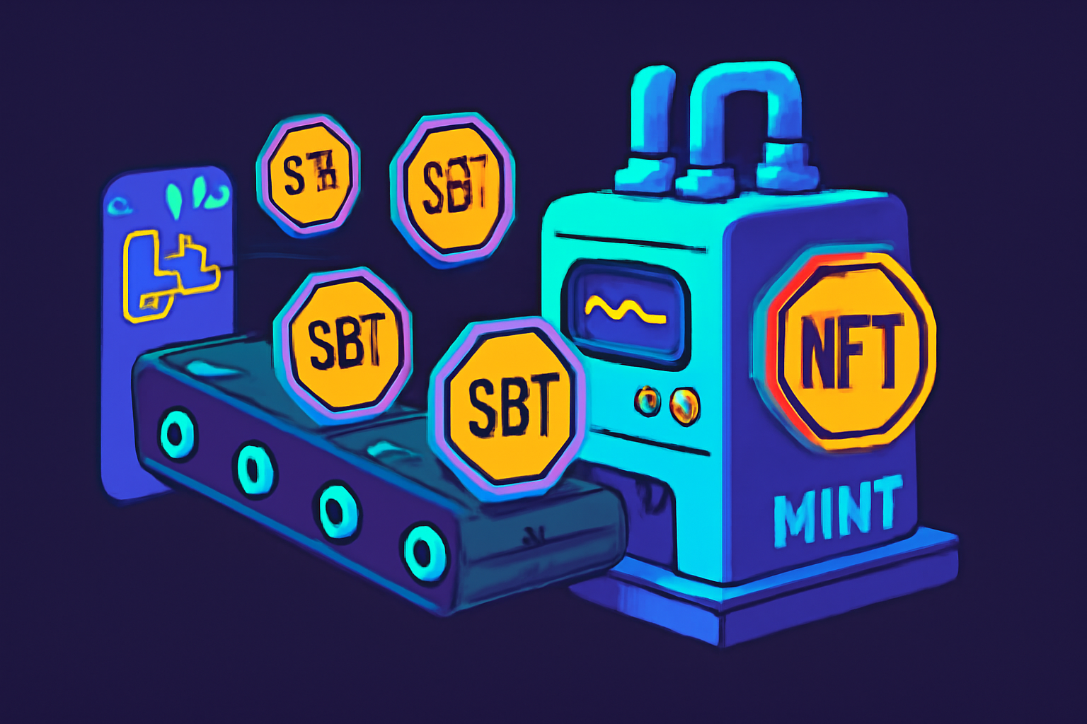 Automated NFT badge minting machine, soulbound tokens flowing from blockchain conveyor, cyberpunk style