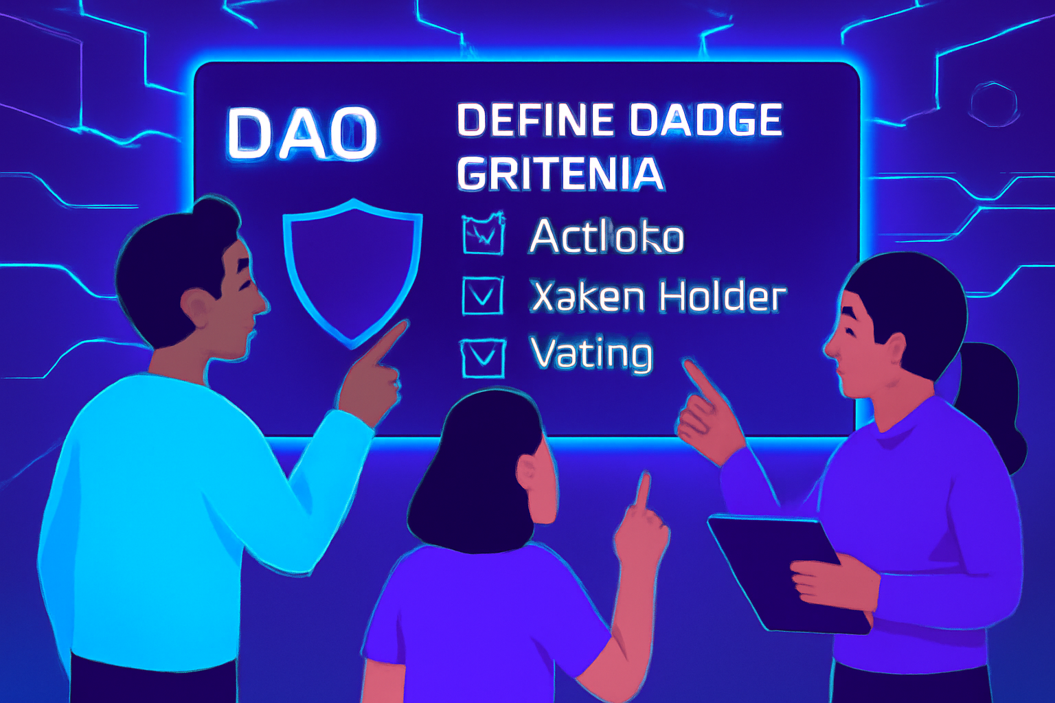 DAO team defining badge criteria on digital whiteboard, futuristic blockchain interface, neon blues and purples