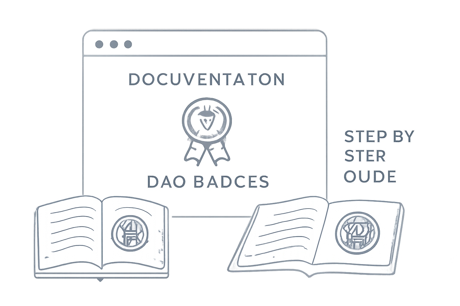 Transparent documentation portal for DAO badges, open books with blockchain seals, clean modern design