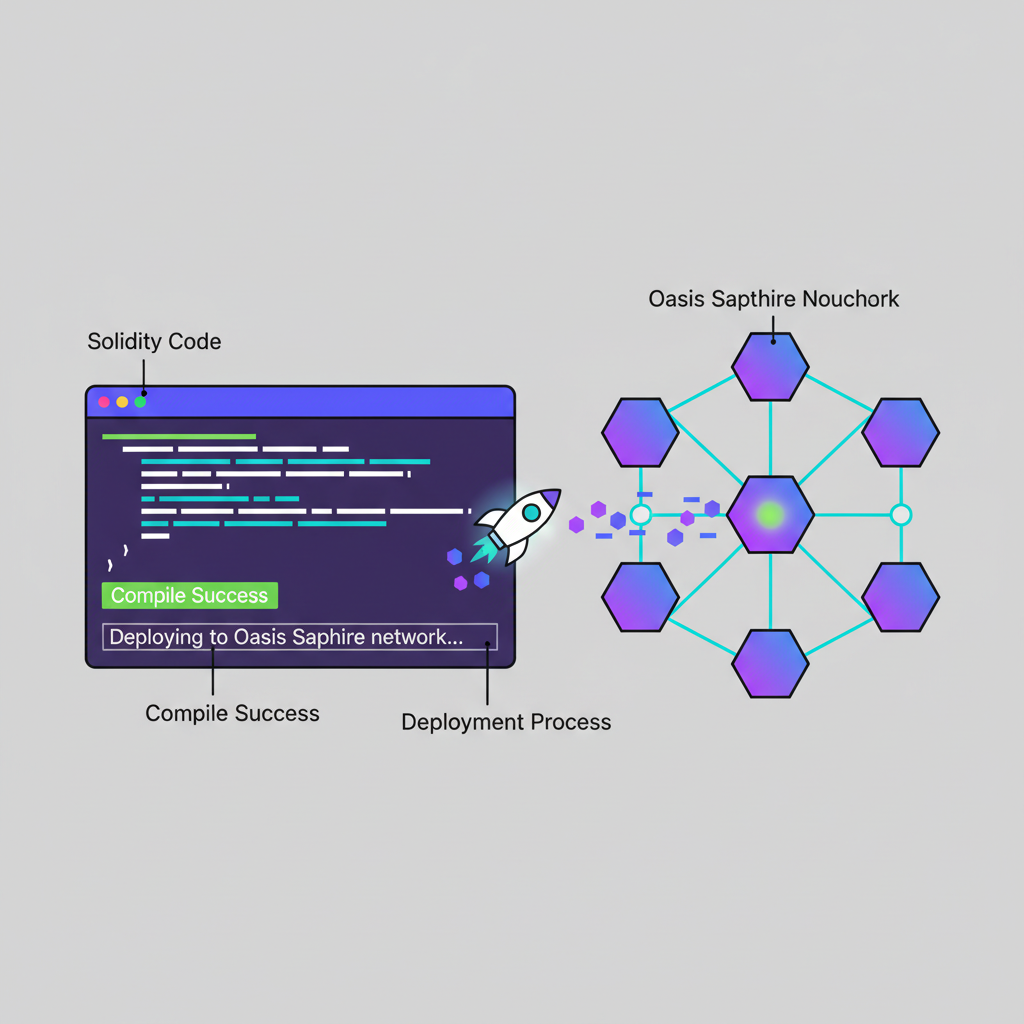 Terminal deploying Solidity smart contract to blockchain, compile success, Oasis Sapphire network visualization