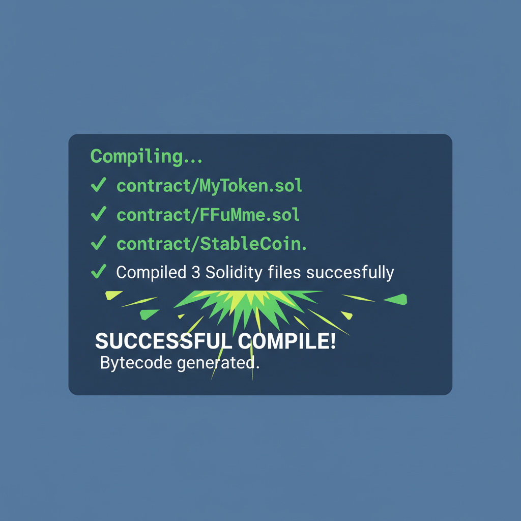 Terminal output showing successful Hardhat compile, green checkmarks, Solidity files compiling to bytecode, explosive energy graphics