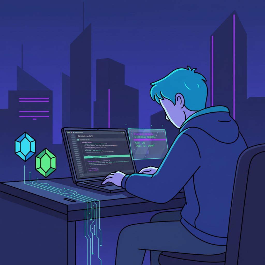 Developer editing Hardhat config file on laptop, Oasis Sapphire blockchain icons, terminal with chain ID 0x5aff, cyberpunk style