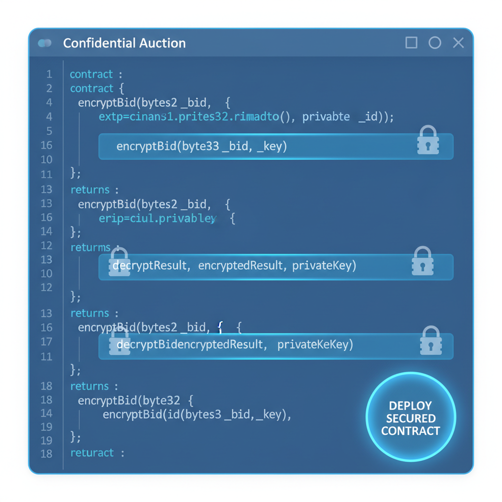 Solidity code editor with confidential auction contract, encryption functions highlighted, locked vault icons, Sapphire blue holographic UI