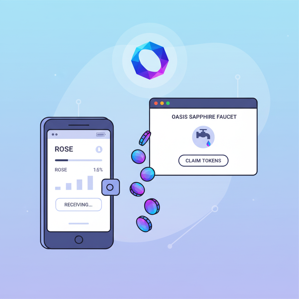 Crypto wallet receiving ROSE tokens from faucet website, coins pouring in, Oasis Sapphire logo glowing