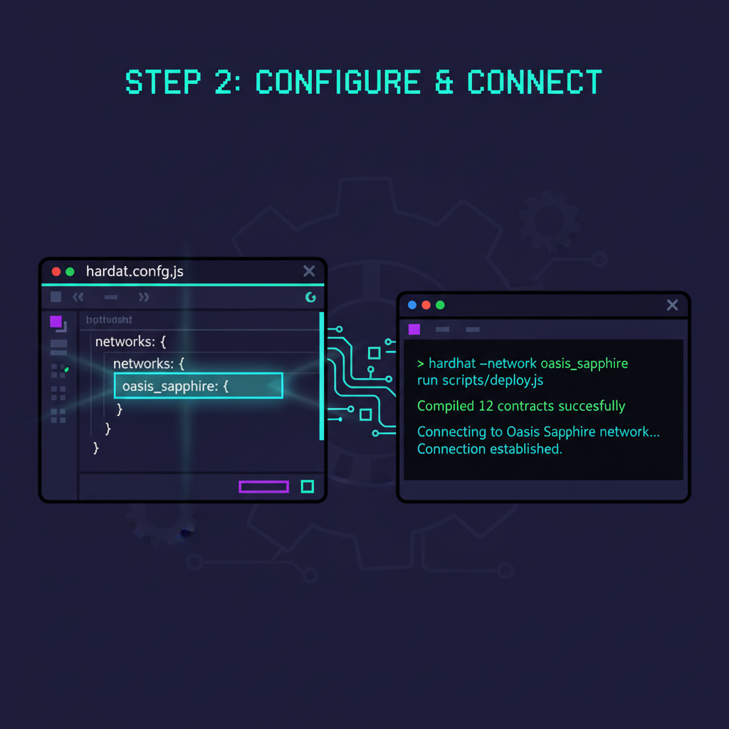 Hardhat config file open in VS Code, Oasis Sapphire network highlighted, terminal showing successful connection, energetic cyberpunk style