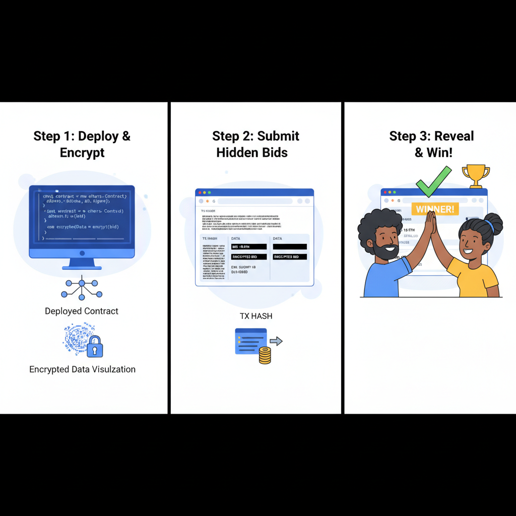 Ethers.js script interacting with deployed contract, encrypted data visualization, explorer screenshot with hidden bids, triumphant developer high-five