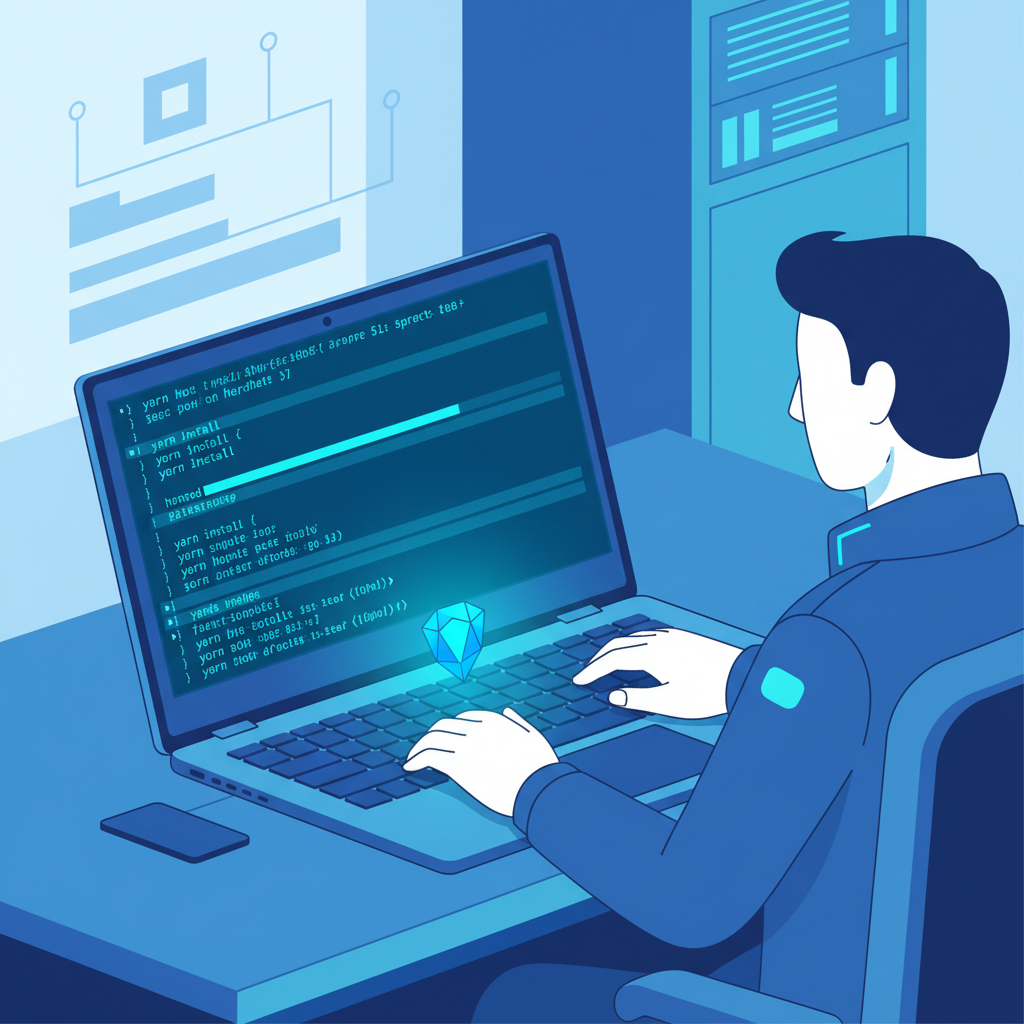 Developer setting up Hardhat project on laptop, Oasis Sapphire logo glowing, terminal open with yarn install commands, futuristic blue tones