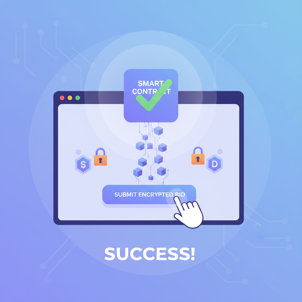 User submitting encrypted bid to smart contract UI, encryption locks and data shields, success animation