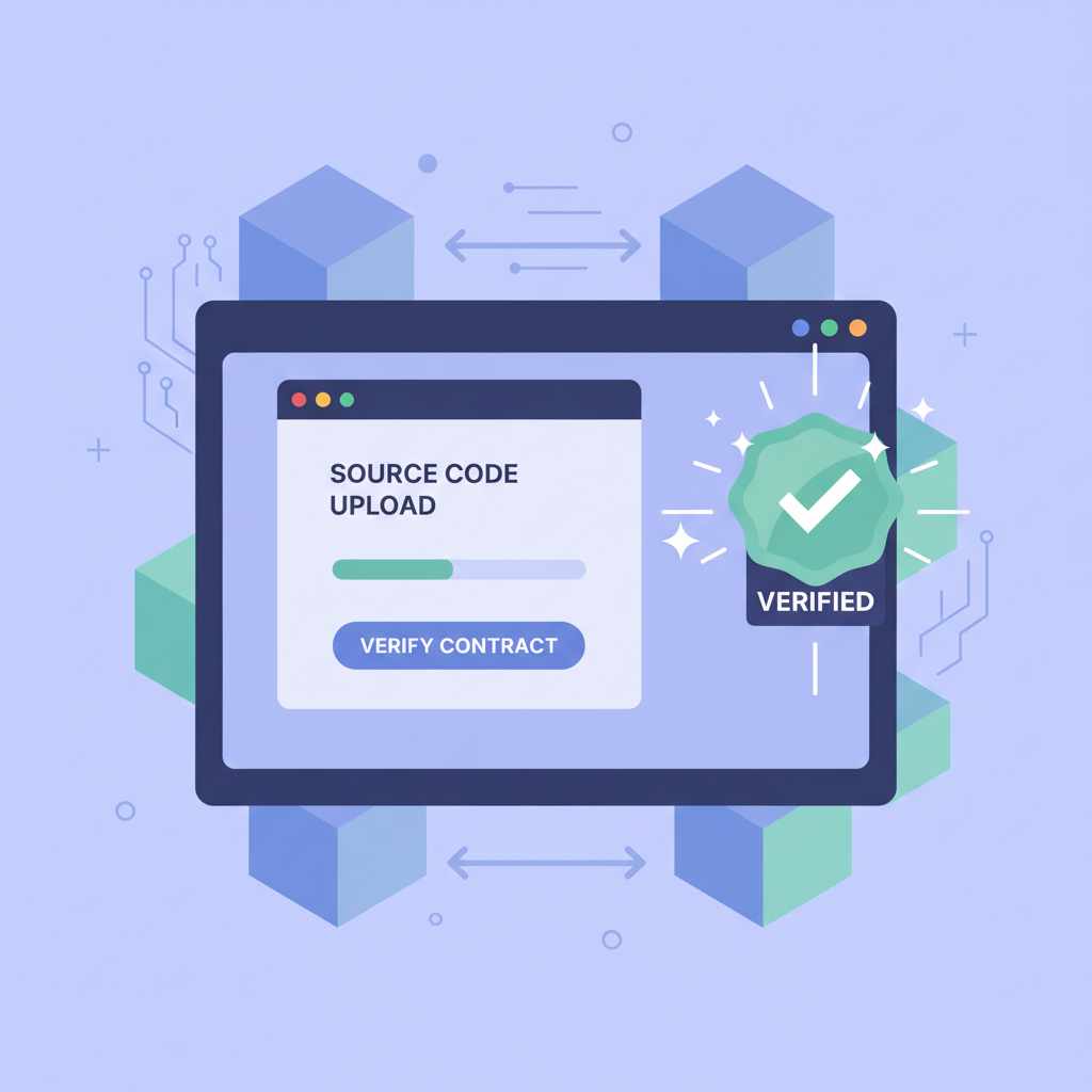 Blockchain explorer verifying smart contract, source code upload, verified badge shining