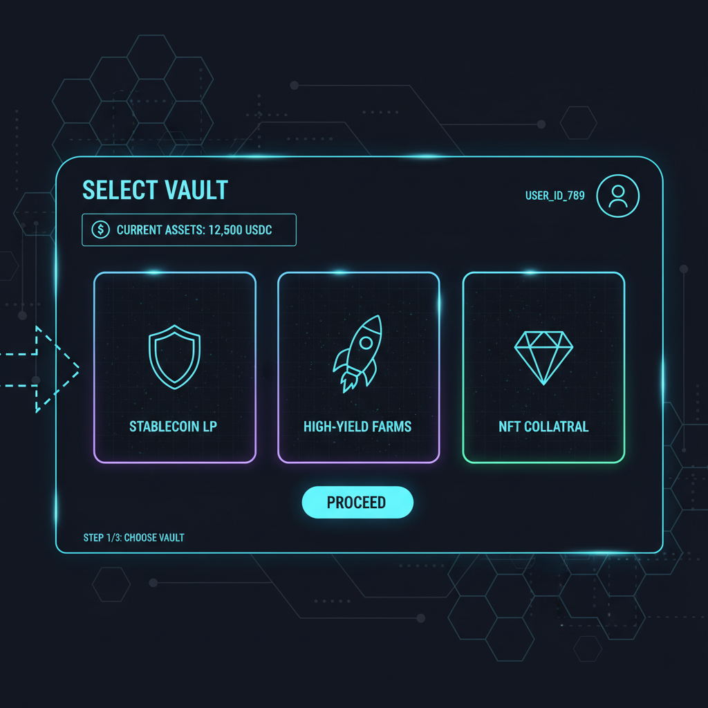 futuristic DeFi dashboard vault selection screen, neon grids, holographic UI