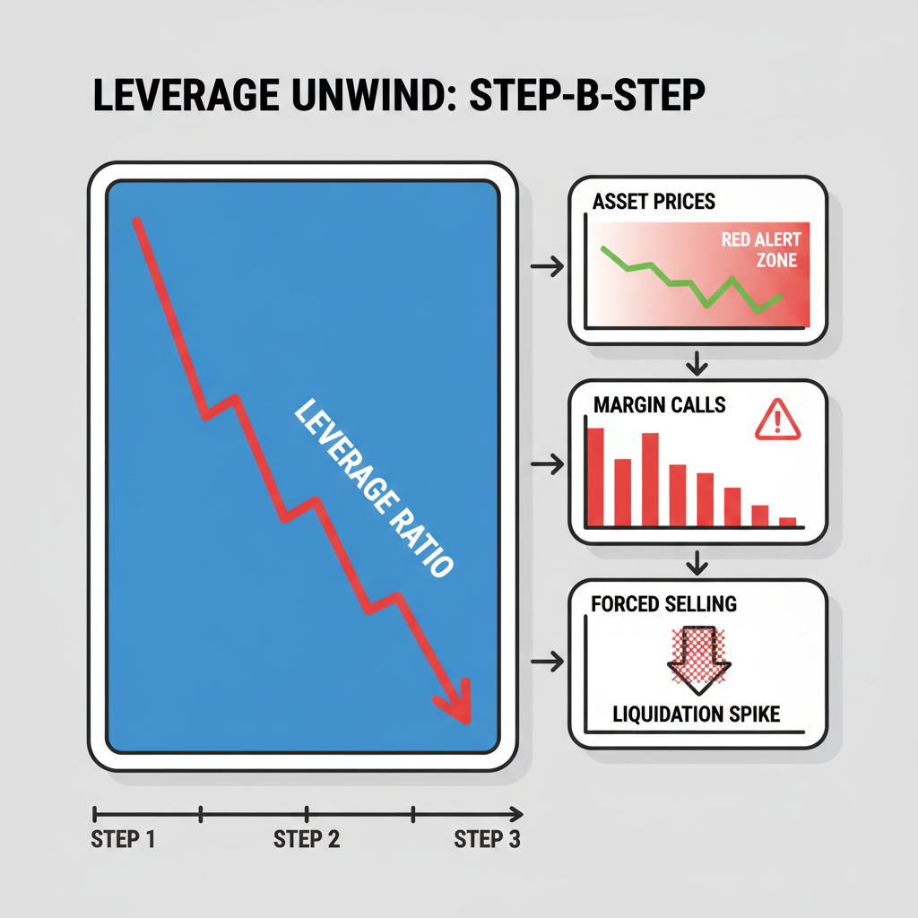 animated leverage unwind simulation graph, cascading charts, red alert zones
