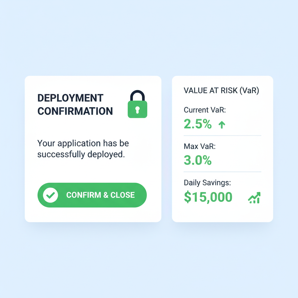 deployment confirmation screen with VaR dashboard, green metrics, secure lock icon