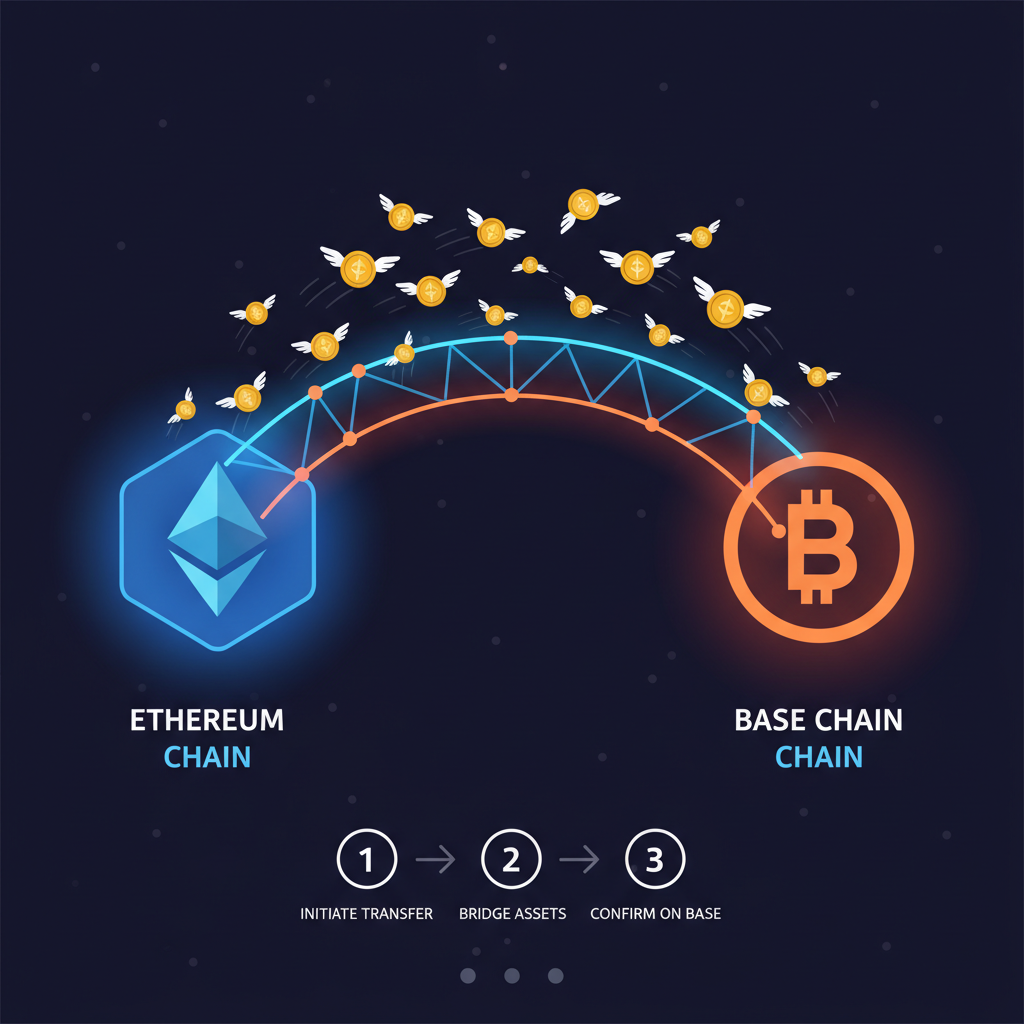 glowing bridge connecting Ethereum to Base chain with ETH coins flying across, futuristic neon