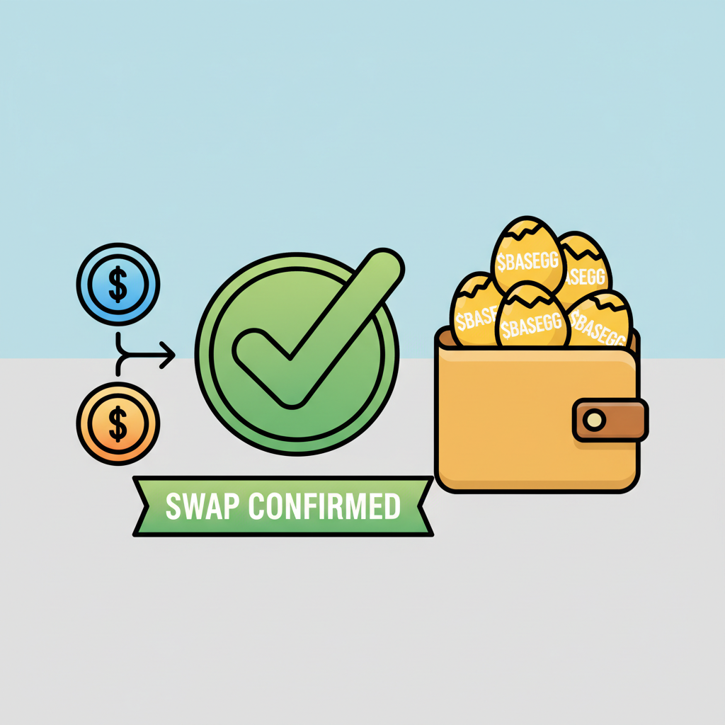 green checkmark confirming crypto swap, wallet filled with $BASEEGG eggs