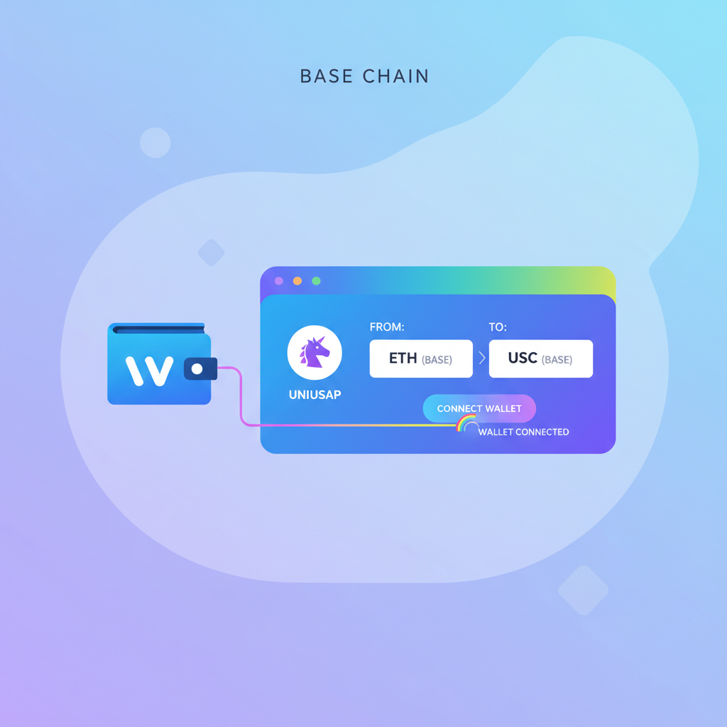 wallet connecting to Uniswap interface on Base chain, colorful DEX dashboard