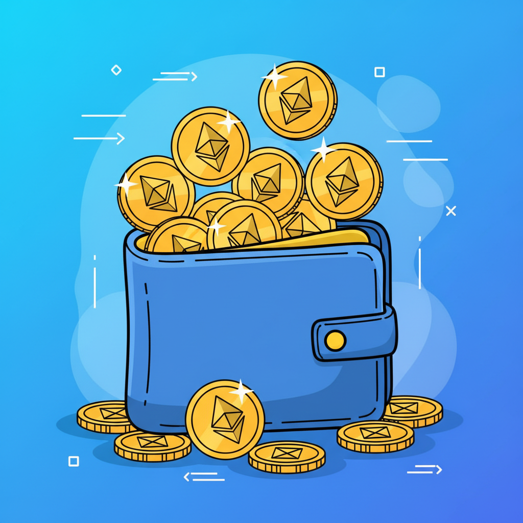 cartoon wallet overflowing with shiny golden ETH coins, vibrant crypto style