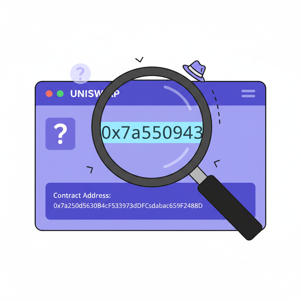 magnifying glass over crypto contract address on Uniswap screen, detective style