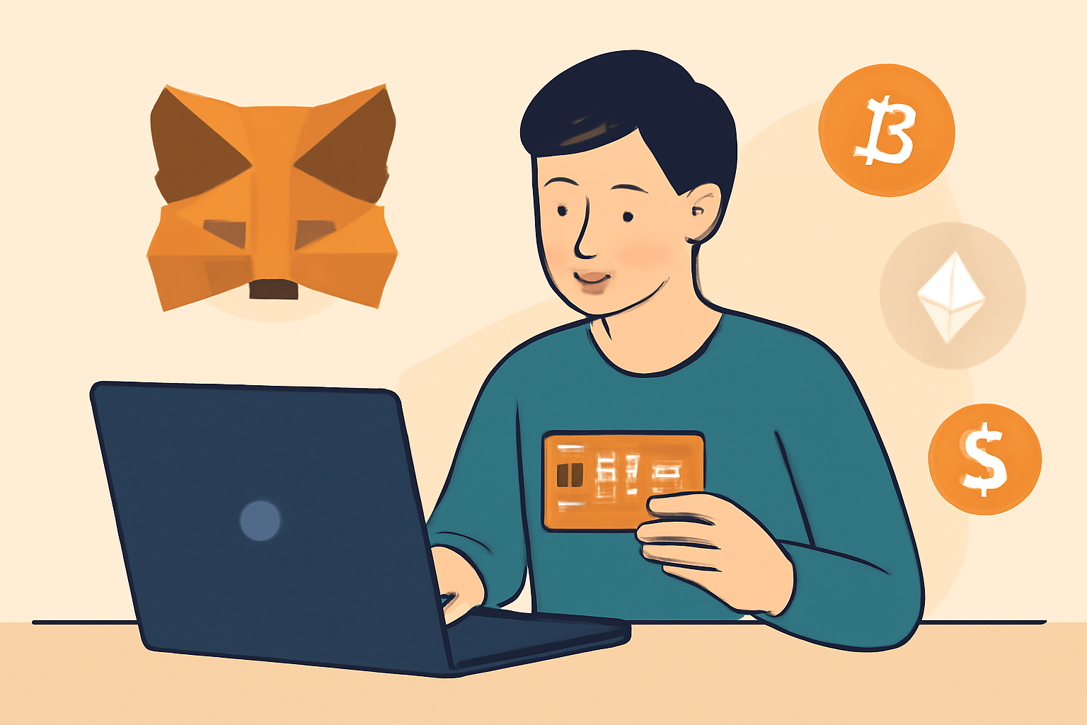 A calm, strategic person applying for a MetaMask Fox Card on a laptop, with a digital fox logo and crypto icons in the background.