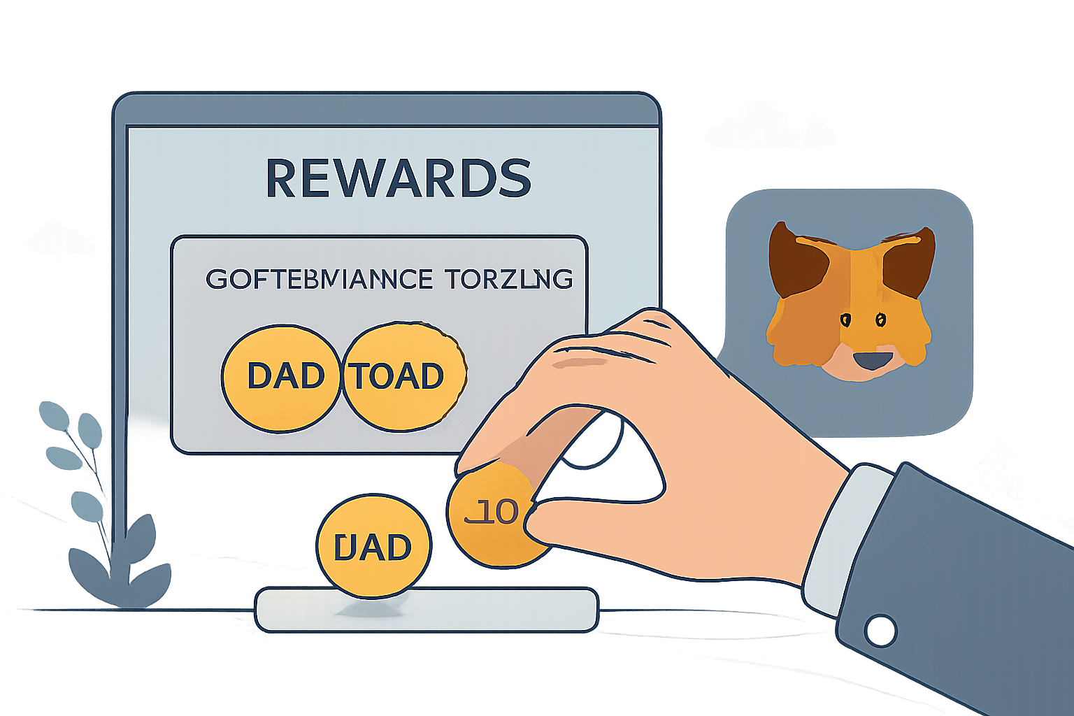 A hand collecting digital governance tokens from a rewards dashboard, with a calm, strategic atmosphere and MetaMask fox logo present.