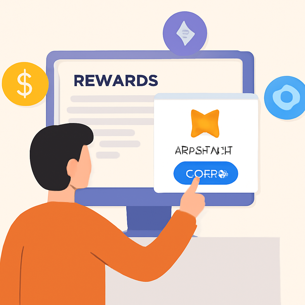 A user connecting their MetaMask wallet to a rewards platform interface on a computer screen, with governance token symbols floating around.