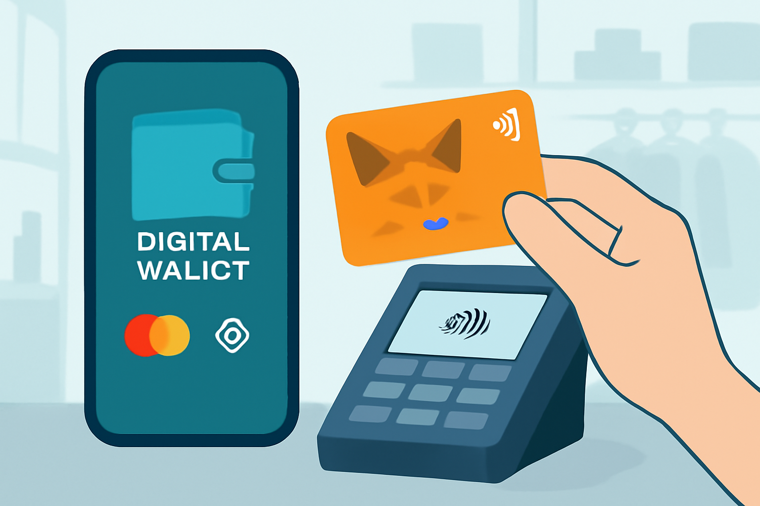 A digital wallet and a MetaMask Fox Card being used at a modern retail store, with Mastercard and crypto icons visible.