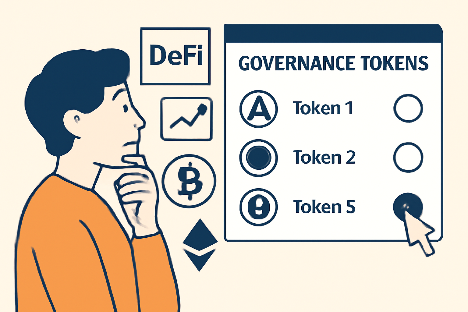 A thoughtful person reviewing a list of governance tokens on a digital dashboard, making a selection, with DeFi and crypto visuals.