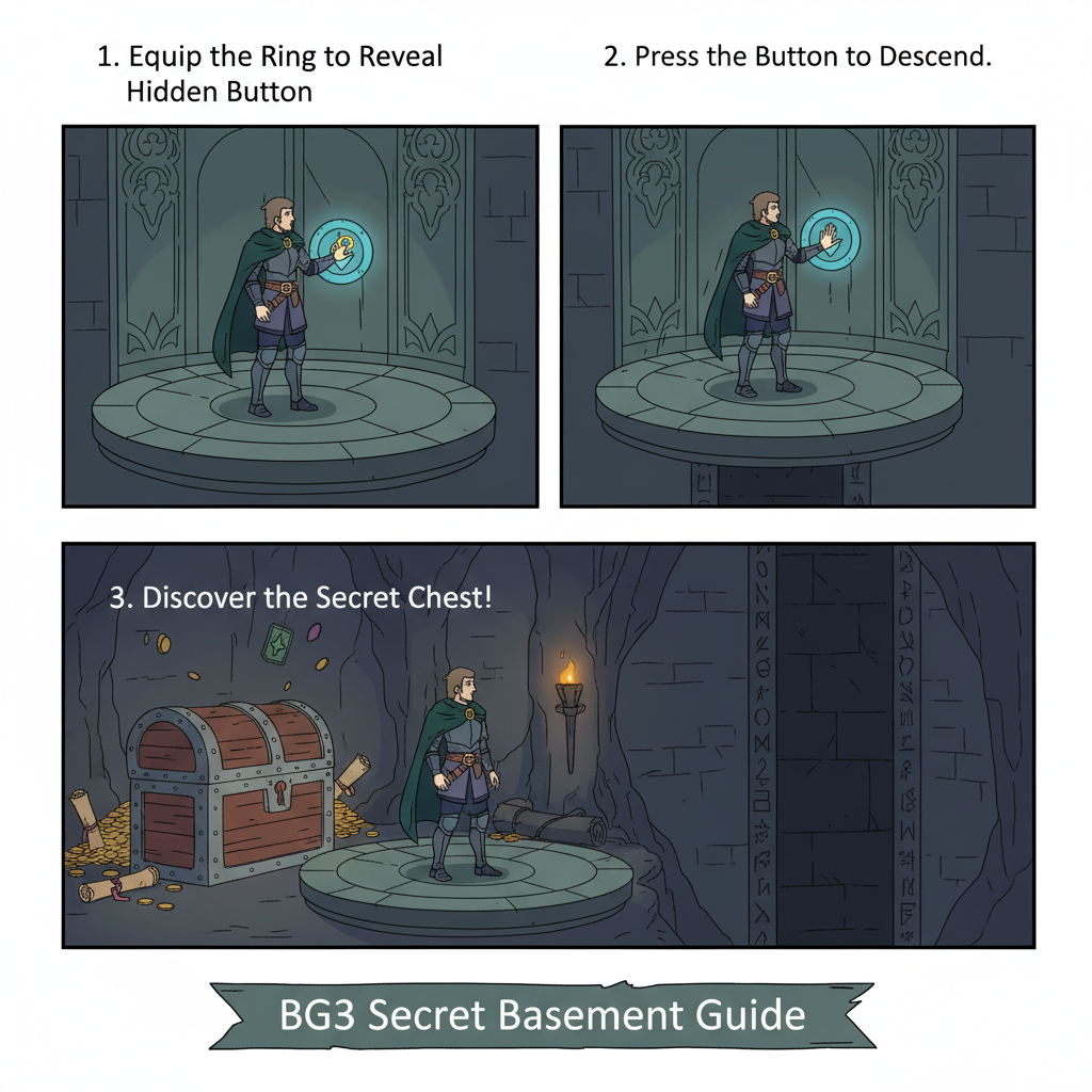Player equipping ring on BG3 elevator revealing secret button, descending to basement chest, epic fantasy