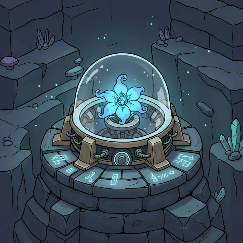 Baldur's Gate 3 Sussur Bloom flower placed in glowing arcane generator, Underdark tower base, fantasy RPG art