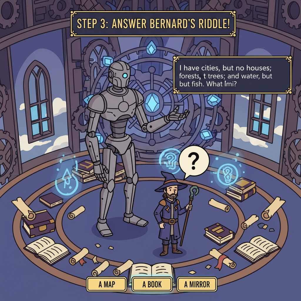Bernard automaton posing riddle to player in Arcane Tower, books scattered, BG3 detailed fantasy style