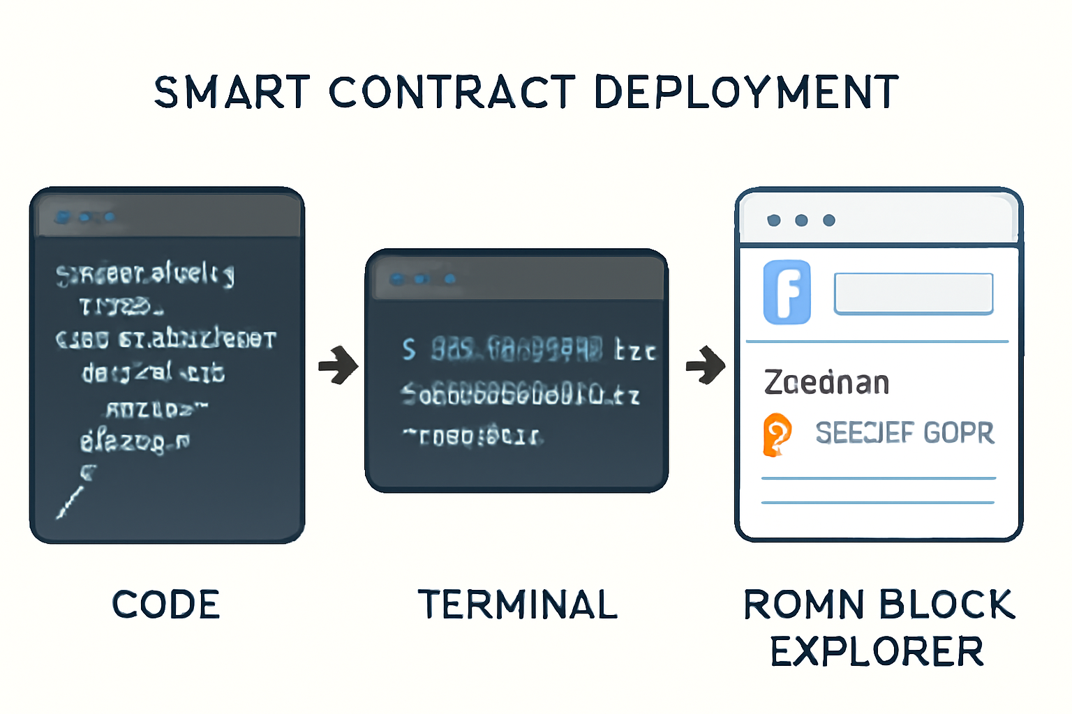 smart contract deployment process, showing code, terminal, and Ronin block explorer