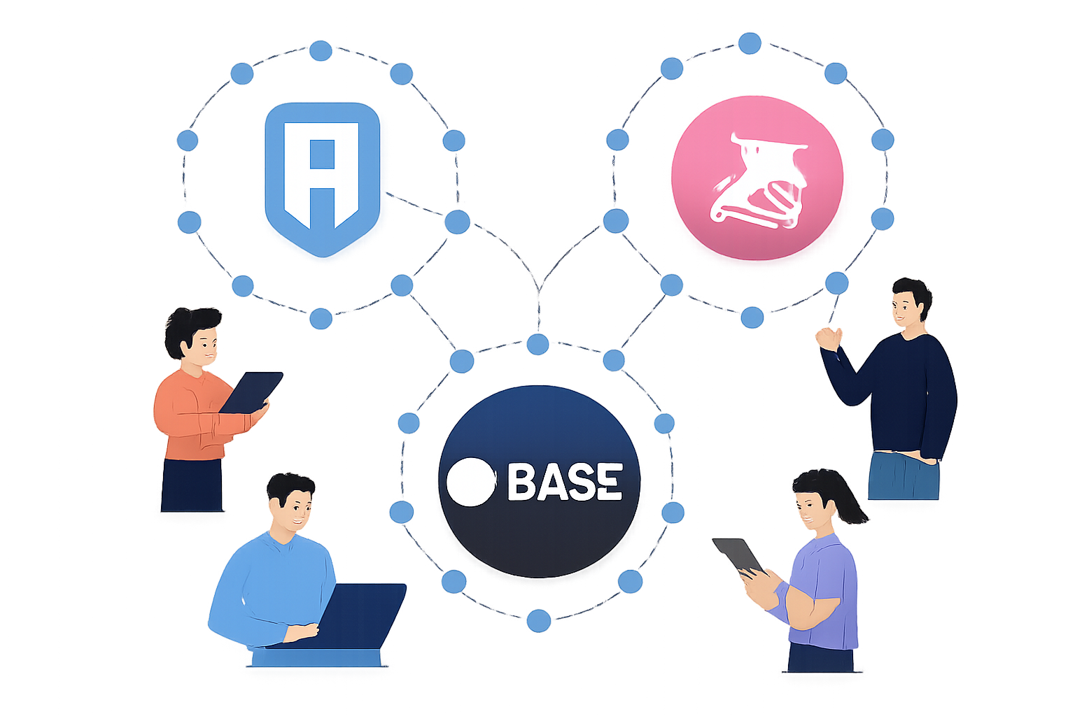interconnected blockchain networks with Ronin, Base, Uniswap logos, and users interacting