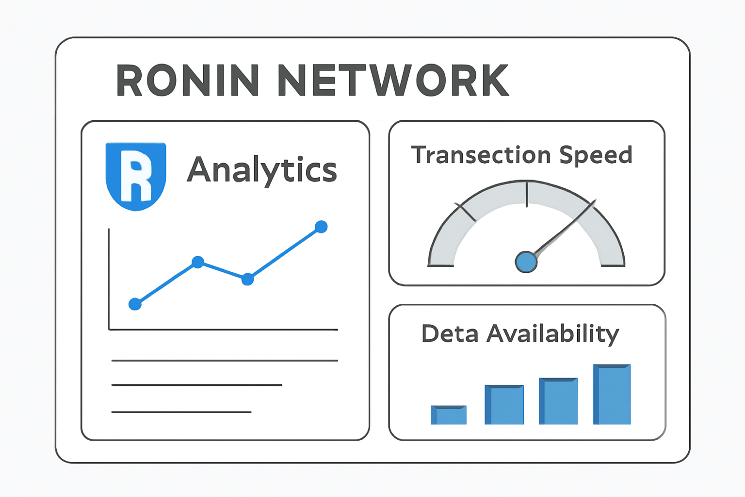dashboard displaying Ronin network analytics, transaction speeds, and data availability metrics