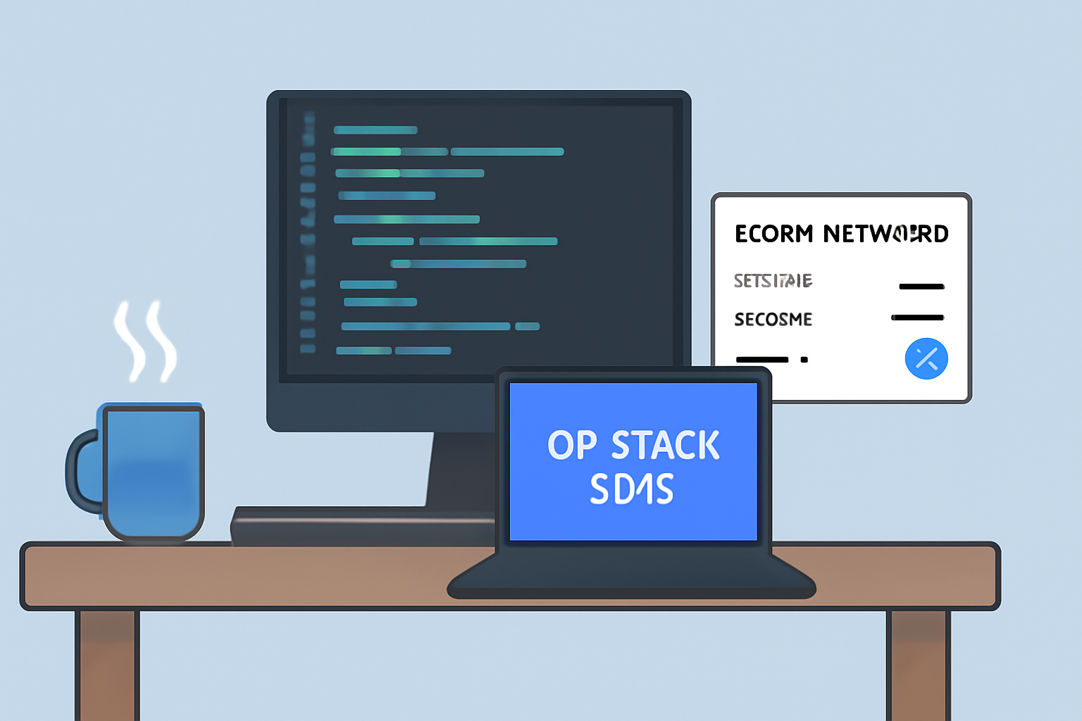 developer workstation with code editor open, OP Stack SDKs, and Ronin network settings displayed