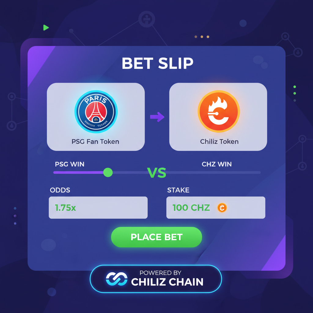 bet slip UI selecting Fan Token pairs like PSG vs CHZ on Dexsport, token icons glowing, Chiliz Chain branding