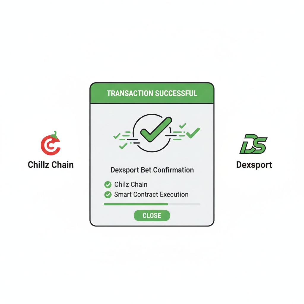 confirming blockchain transaction on Chiliz Chain for Dexsport bet, wallet popup, success animation, green checkmarks
