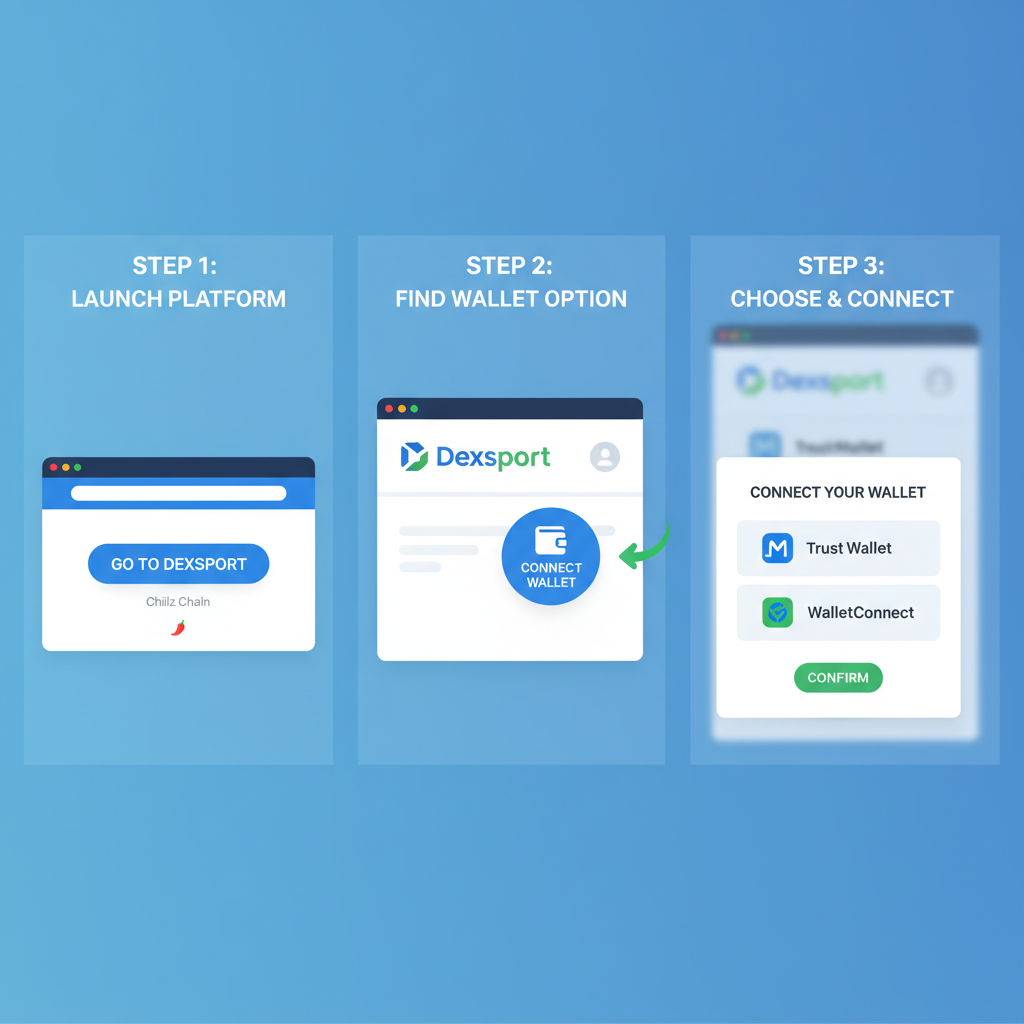 clean illustration of connecting crypto wallet to Dexsport betting platform on Chiliz Chain, modern UI, blue and green tones