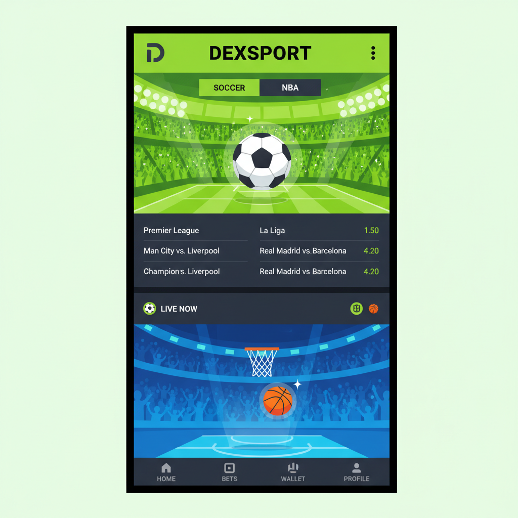 sportsbook interface on Dexsport showing soccer and NBA events list, vibrant stadium backgrounds, mobile-friendly design