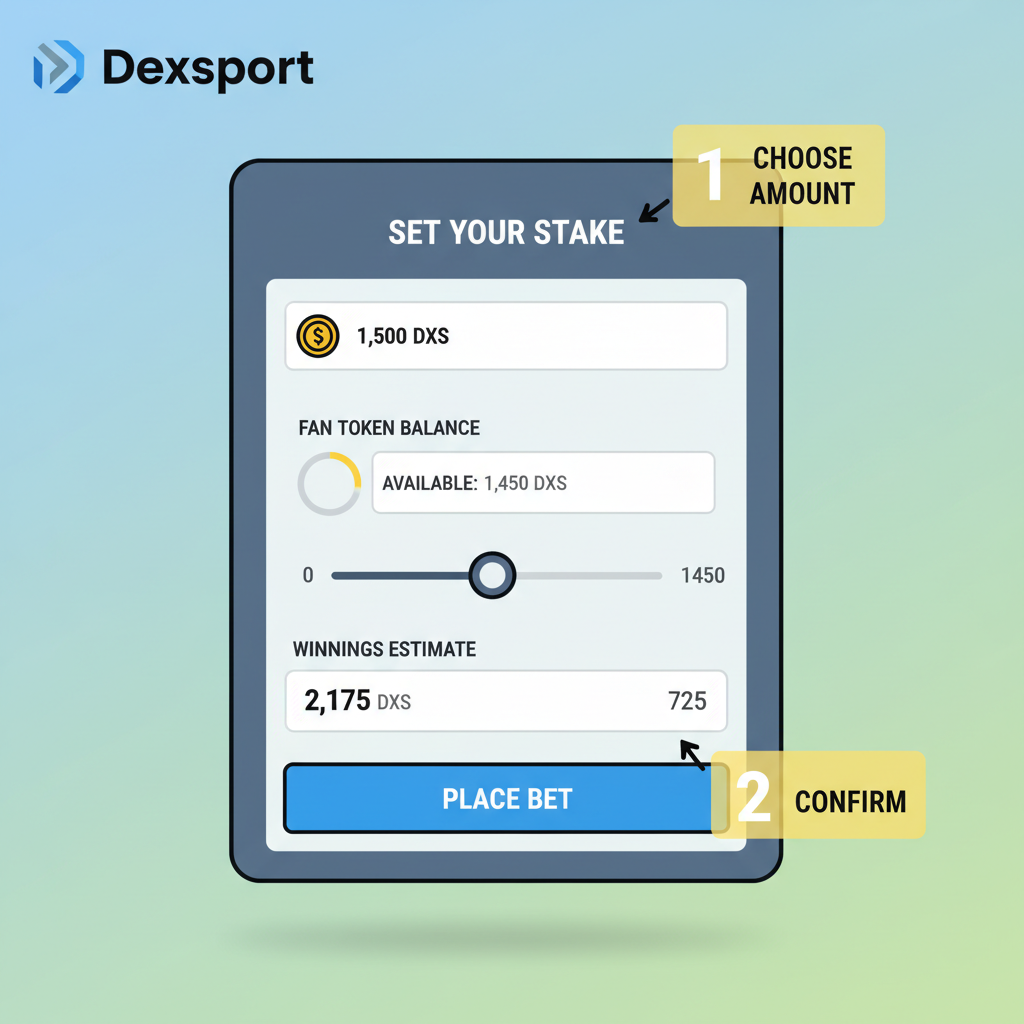 setting stake in bet slip on Dexsport, Fan Token balance visible, sliders and input fields, educational overlay