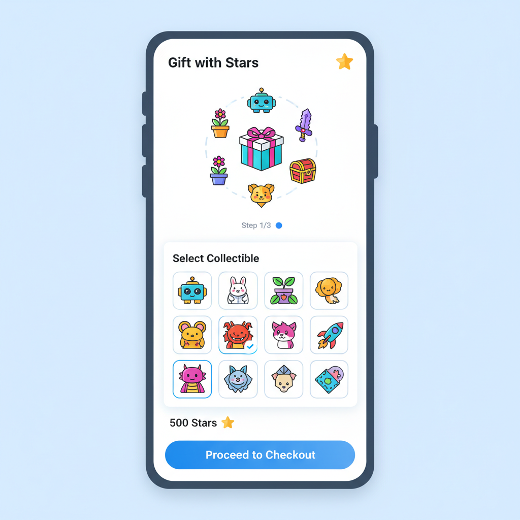 Telegram app interface showing gift purchase with Stars, colorful collectible icons