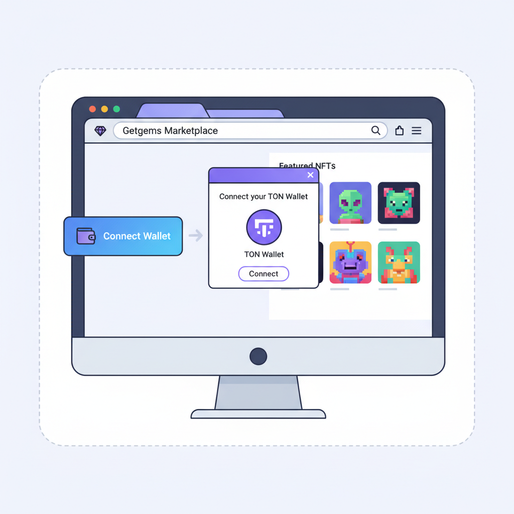 browser connecting TON wallet to Getgems marketplace, NFT gallery preview