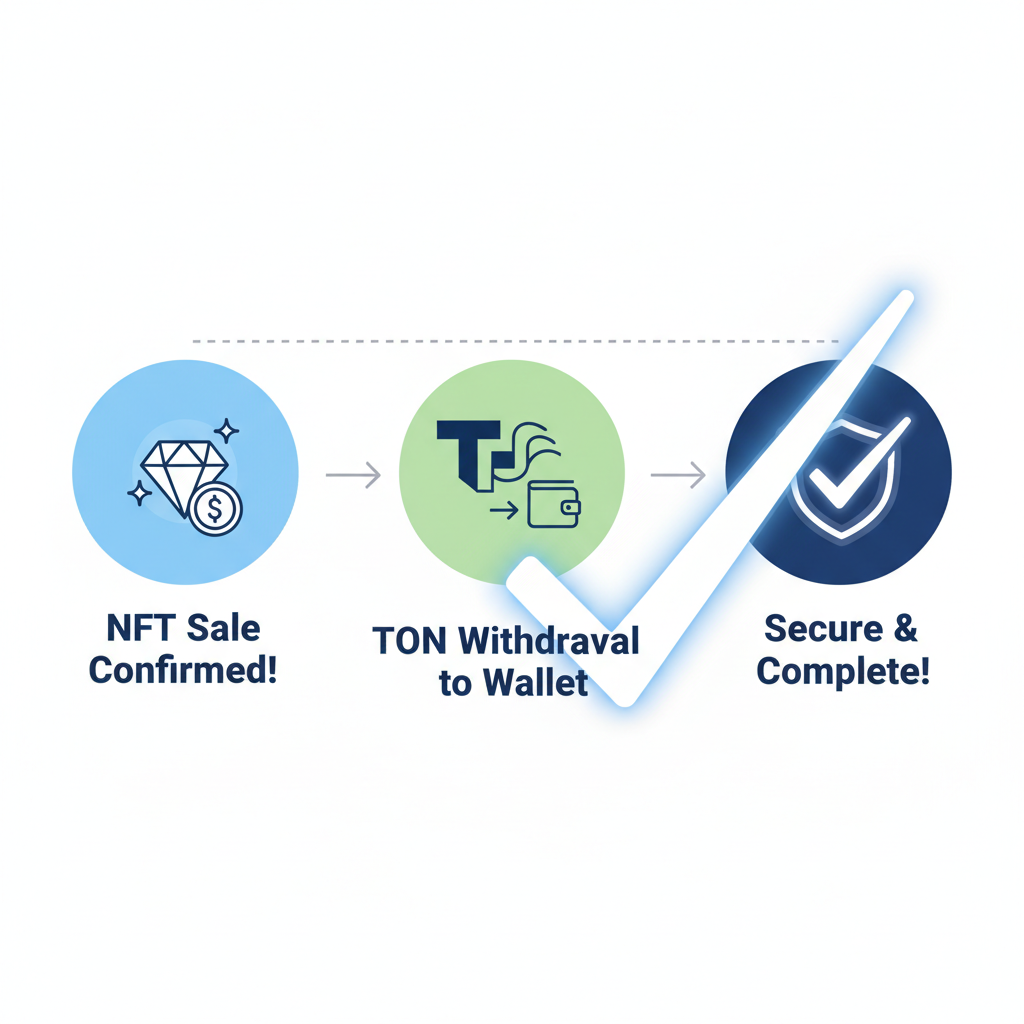 successful NFT sale confirmation, TON withdrawal to wallet, secure checkmark